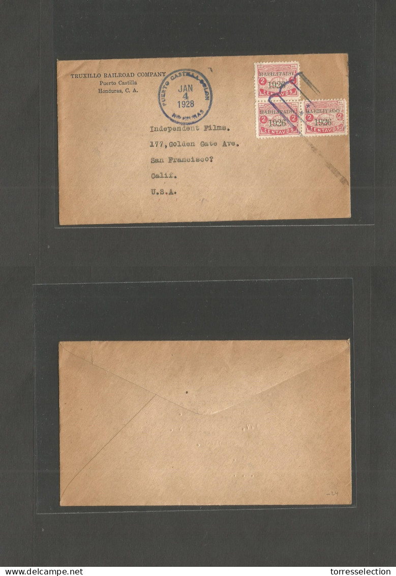 HONDURAS. 1928 (4 Jan) Puerto Castilla Colon - USA. Truxillo Railroad Congress. Ovptd Multifkd Envelope. - Honduras