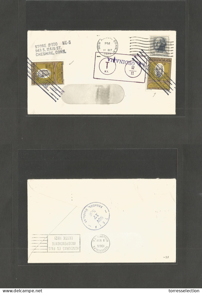 HONDURAS. 1966 (16 Oct) USA, New Haven, CT - Tela. US Fkd Env + Taxed + Arrival (x2) Postage Dues + Tied Cds + Tax Pmks. - Honduras