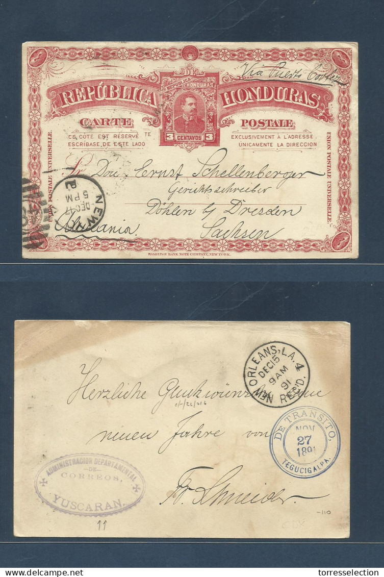 HONDURAS. 1891 (Nov) Yuscaran - Germany, Sachsen, Dohlen. Via NO - NY. Early 3c Red Stationary Card Very Rare Used. - Honduras