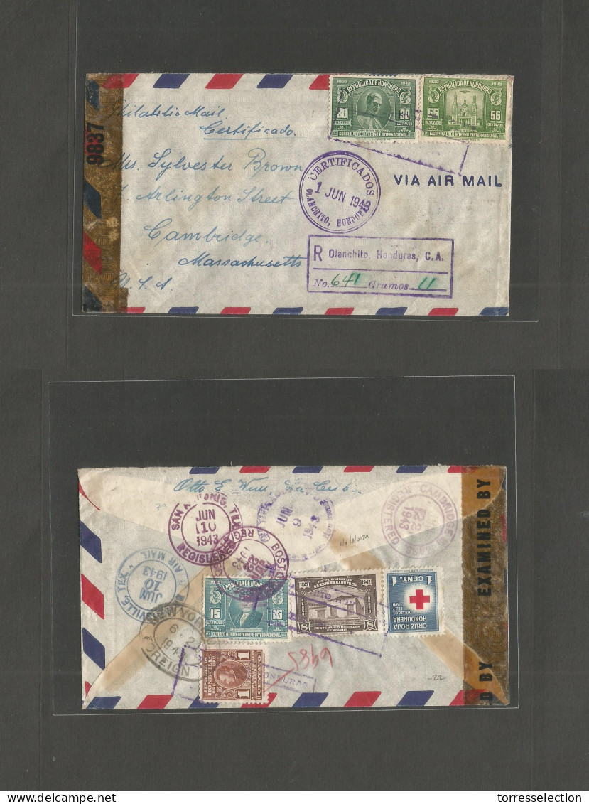 HONDURAS. 1943 (1 June) Olanchito - USA, Cambridge, Mass. Registered Air Multifkd Front + Reverse + Censor. - Honduras