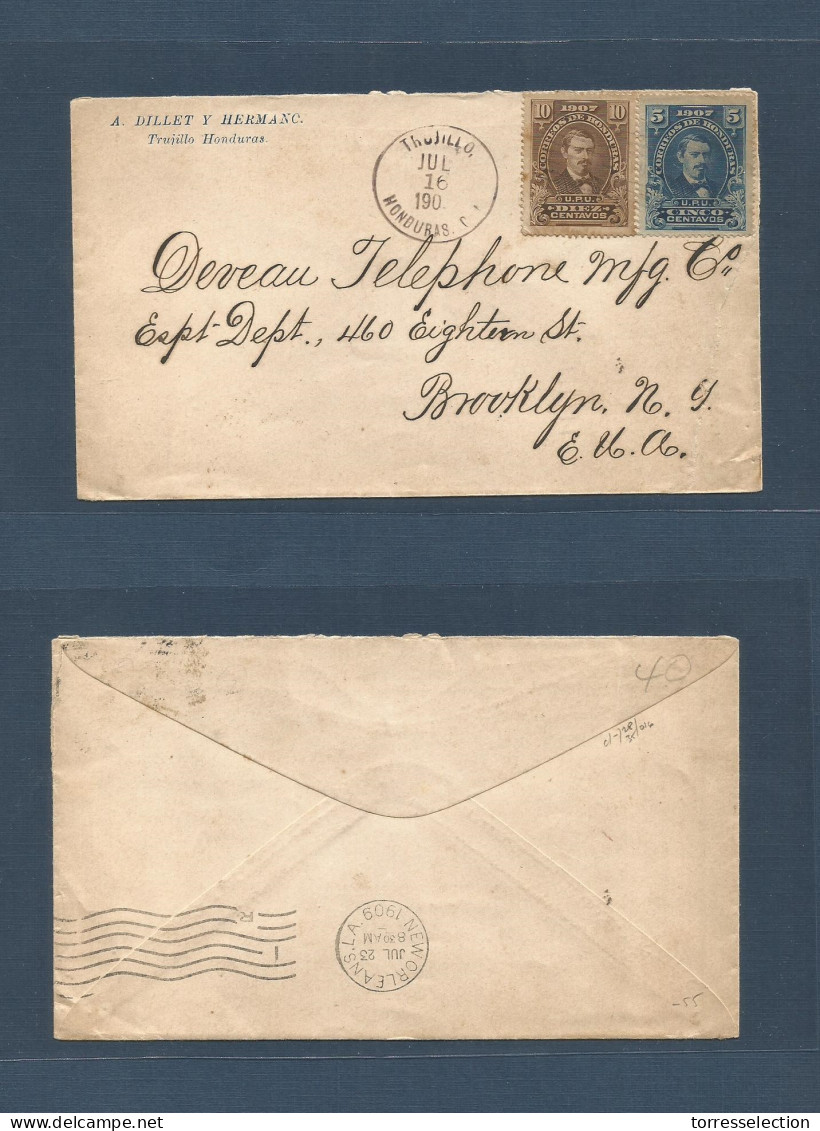 HONDURAS. 1909 (16 July) Trujillo - USA, Brooklyn, NY. Multifkd Envelope, 15c Rate 1907 UPU Issue, Cancelled Grill + Cds - Honduras