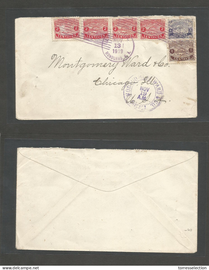 HONDURAS. 1919 (13 Nov) La Coiba - USA, Chicago (19 Nov) Multifkd Tricder Envelope At 15 Centavos Rate, Rolling Violet C - Honduras