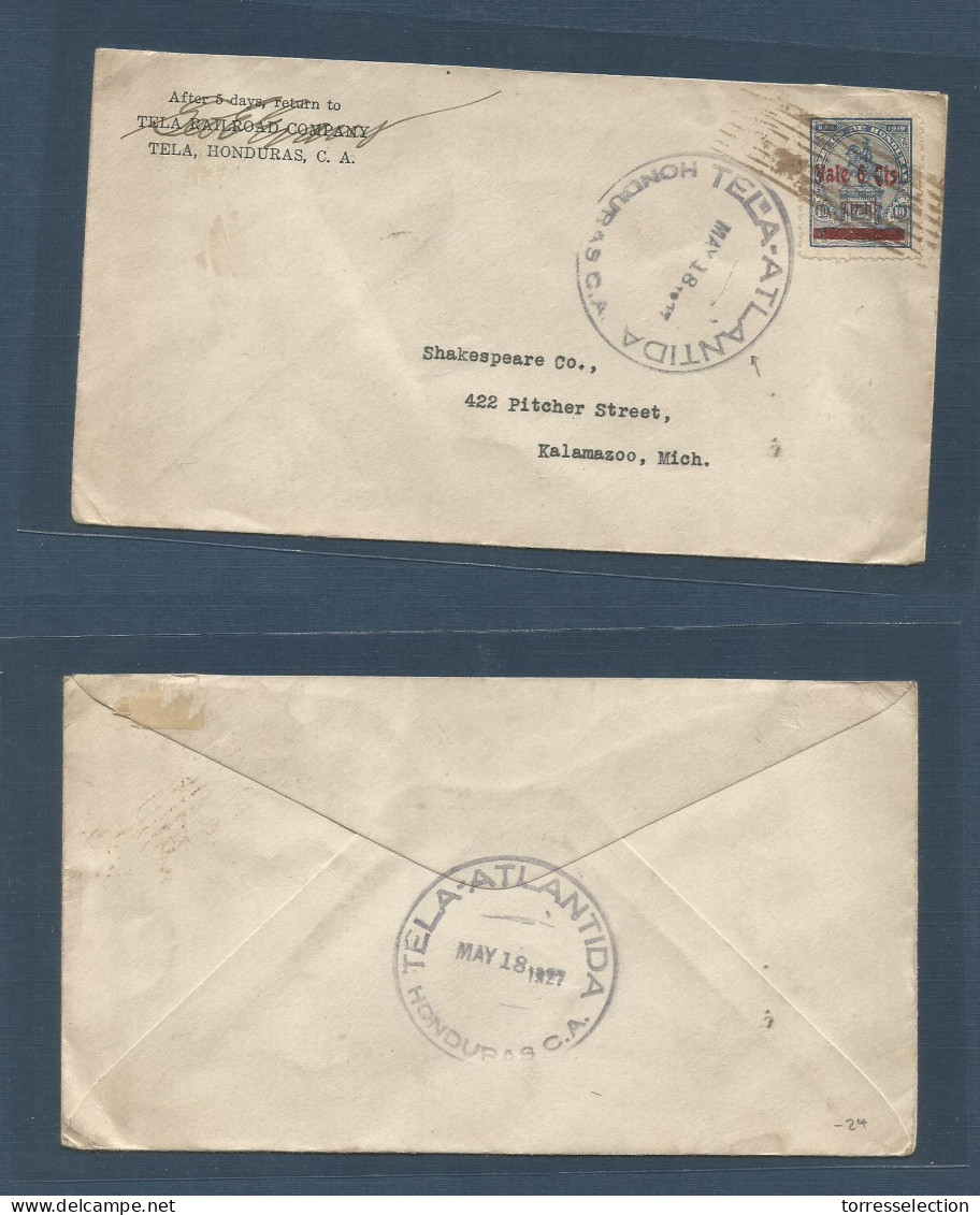 HONDURAS. 1927 (18 May) TPO. Tela - USA, Kalamazoo, Mich. Fkd Env, With Cds. TELA-ATLANTIDA TPO Cds. Interesting. - Honduras