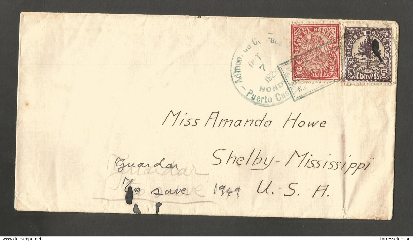 HONDURAS. 1929 (7 Oct). Puerto Castilla - USA, Shelby, Miss. Fkd Env 2c 5c Lilac Slogan Box Cachet Depart Small Town Cds - Honduras