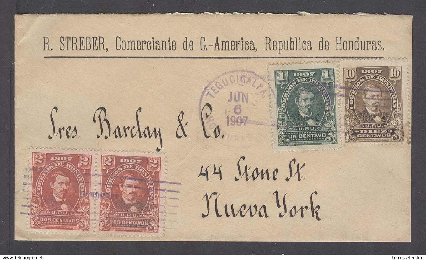 HONDURAS. 1907 (6 June). Tegucigalpa - USA / NY. Multifkd Env 15c Rate Tricolor. VF And Scarce Item. - Honduras