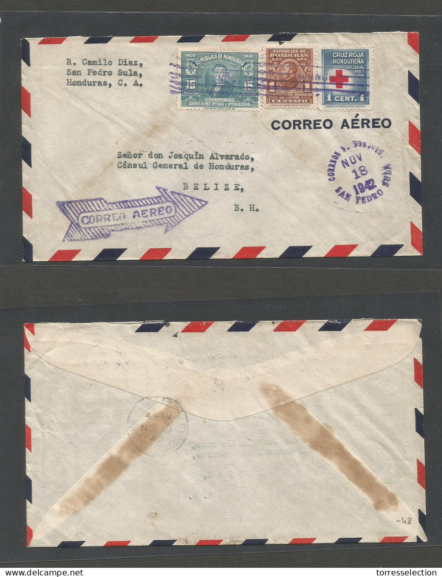 HONDURAS. 1942 (18 Nov) San Pedro Sula - Belize, British Honduras (Nov 19) Air Multifkd Envelope. Interesting Destinatio - Honduras