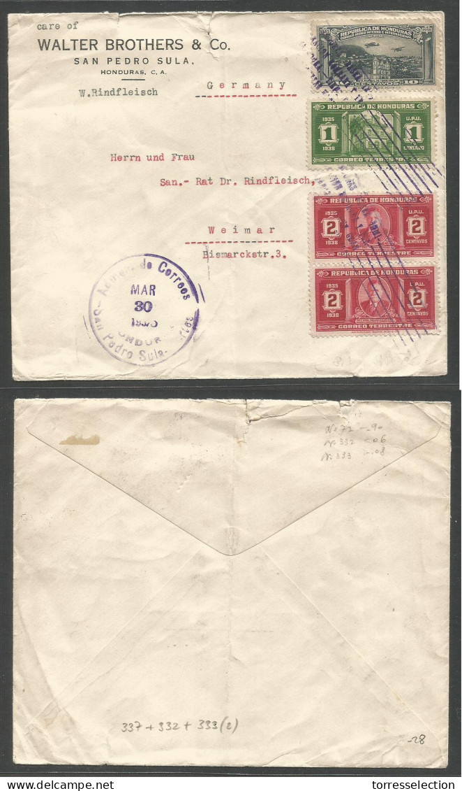 HONDURAS. 1935 (30 March) San Pedro Sula - Germany, Weimar. Air Multifkd Envelope. Fine. - Honduras