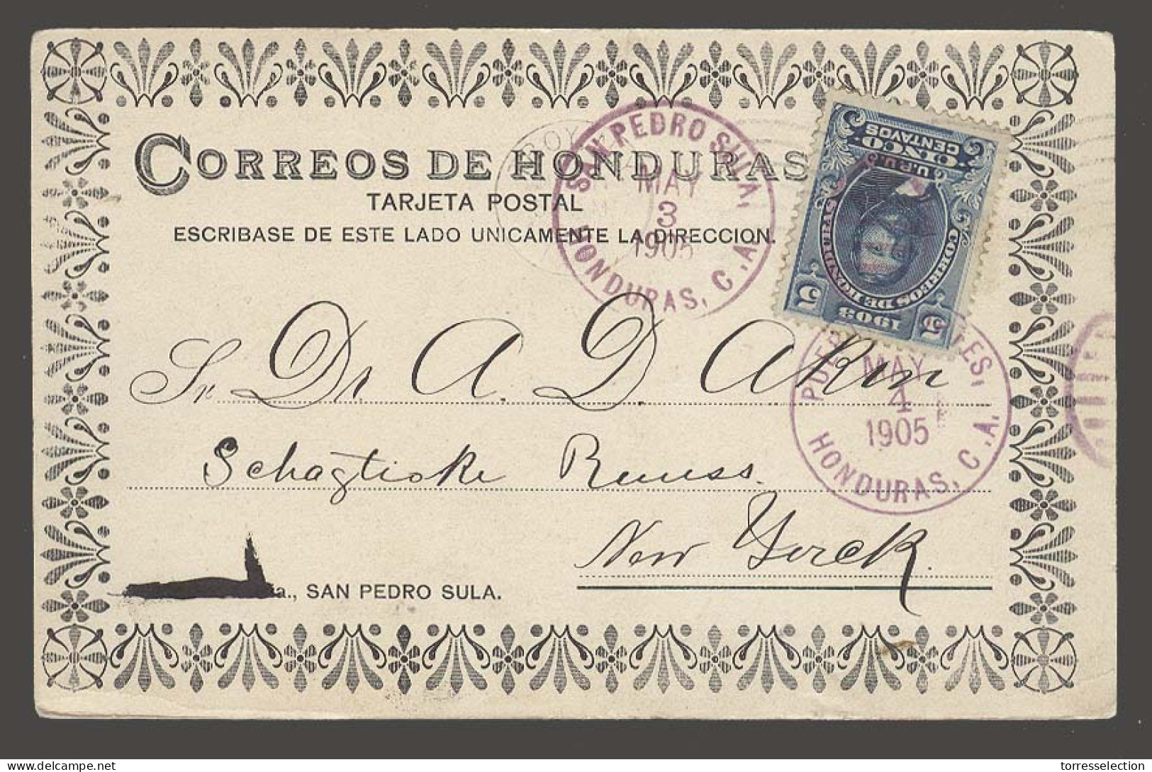 HONDURAS. 1905 (3 May). San Pedro Sula - USA / NY. Via Puerto Nogales (4 May). Early PPC Fkd 5c V Scarce. - Honduras