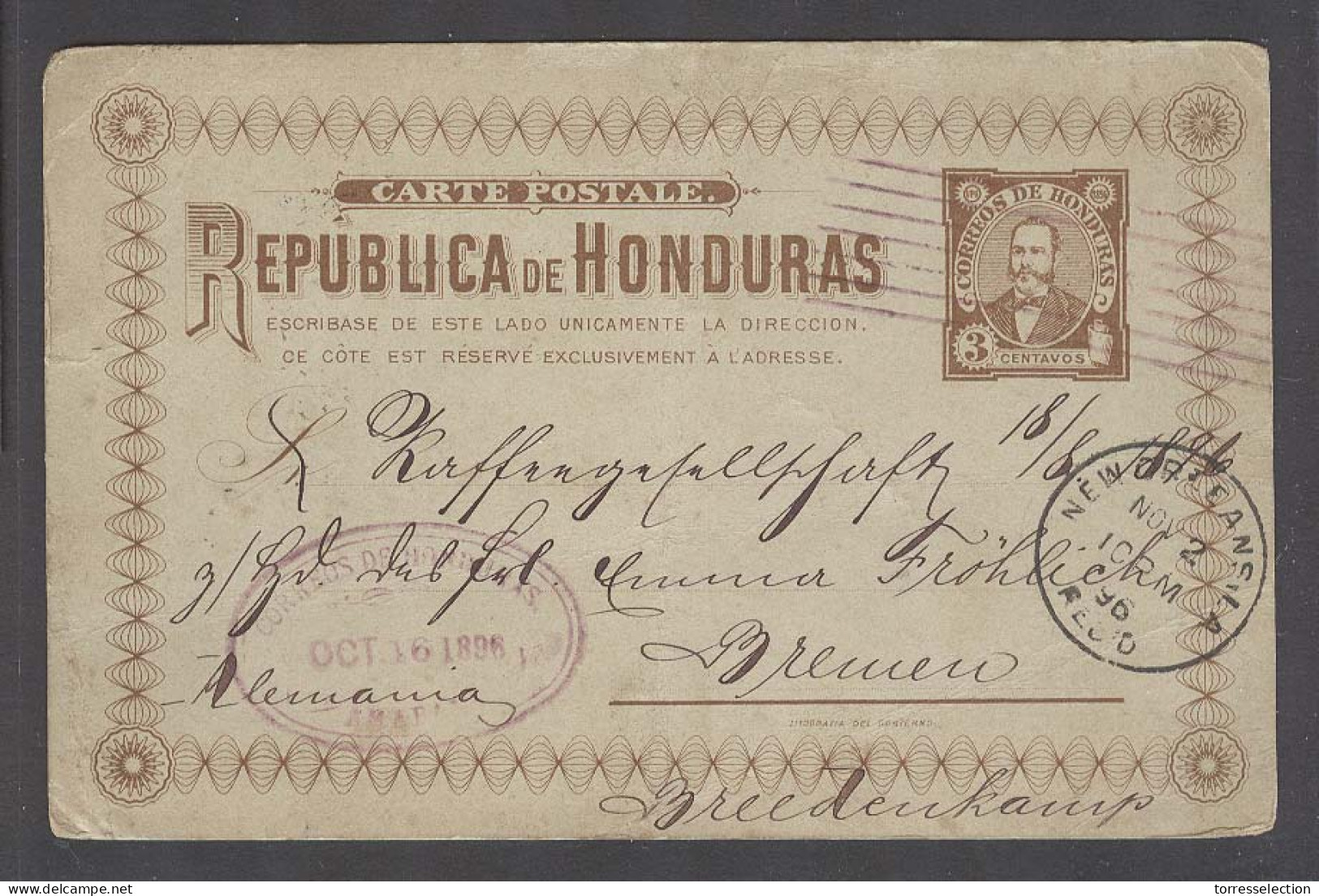 HONDURAS. 1896 (16 Oct). Amapala - Germany (15 Nov). Via N  Orleans (2 Nov). 3c Brown Stat Card. Fine Used. - Honduras
