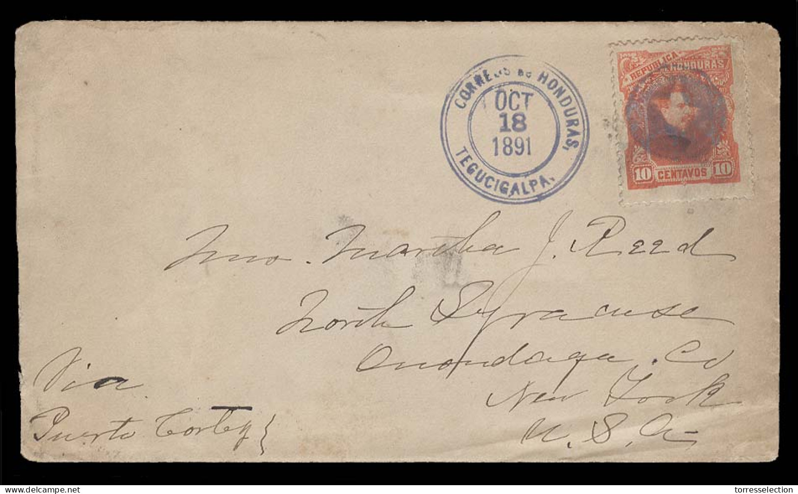 HONDURAS. 1891 (18 Oct). Tegucigalpa - USA (9 Nov). Via Puerto Cortes. Early Fkd Comercial Env 10c Red Violet Star Cache - Honduras