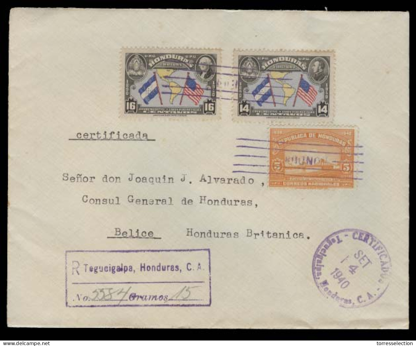 HONDURAS. 1940 (4 Sept). Tegucigalpa - British Honduras / Belize. Reg Multifkd Env. Arrival Reverse VF + Scarce Dest. - Honduras