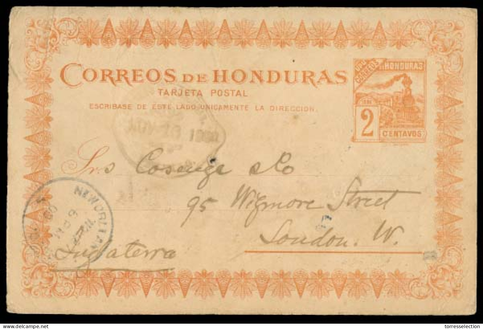 HONDURAS. 1900 (November). Trujillo / Honduras - UK / London. 2c Stat Card Train Issue. VF. Via New Orleans. Scarce. - Honduras
