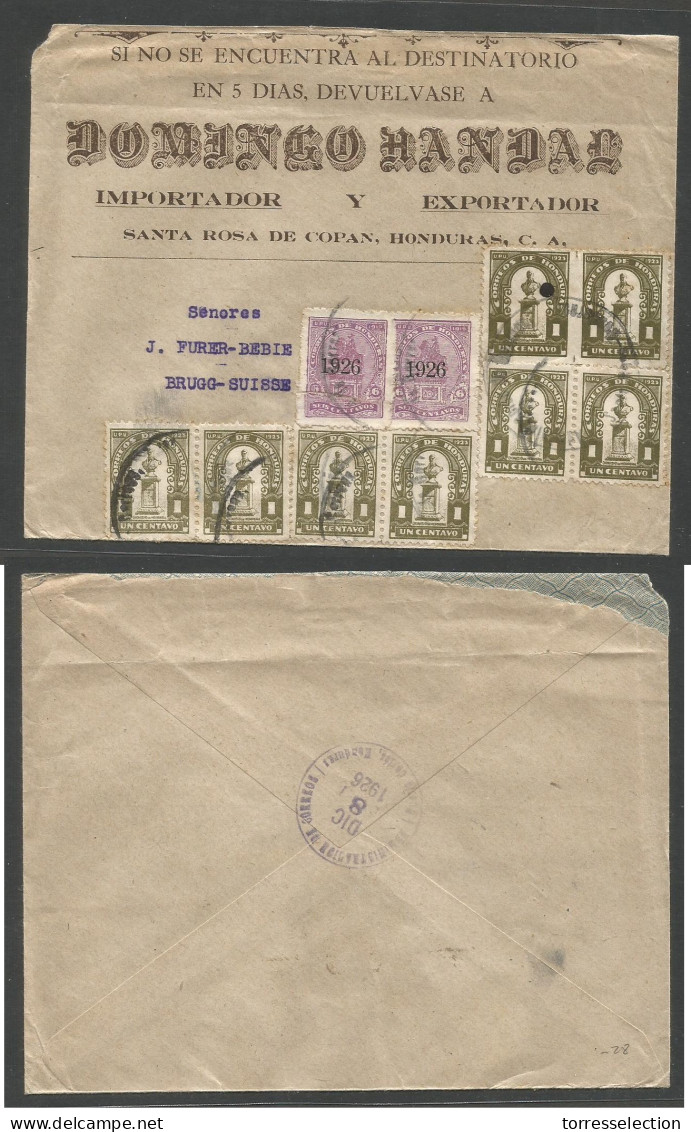 HONDURAS. 1926 (8 Dic) Santa Rosa De Copan - Switzerland, Brugg. Illustrated Multifkd Envelope. Incl Block Of Four. - Honduras