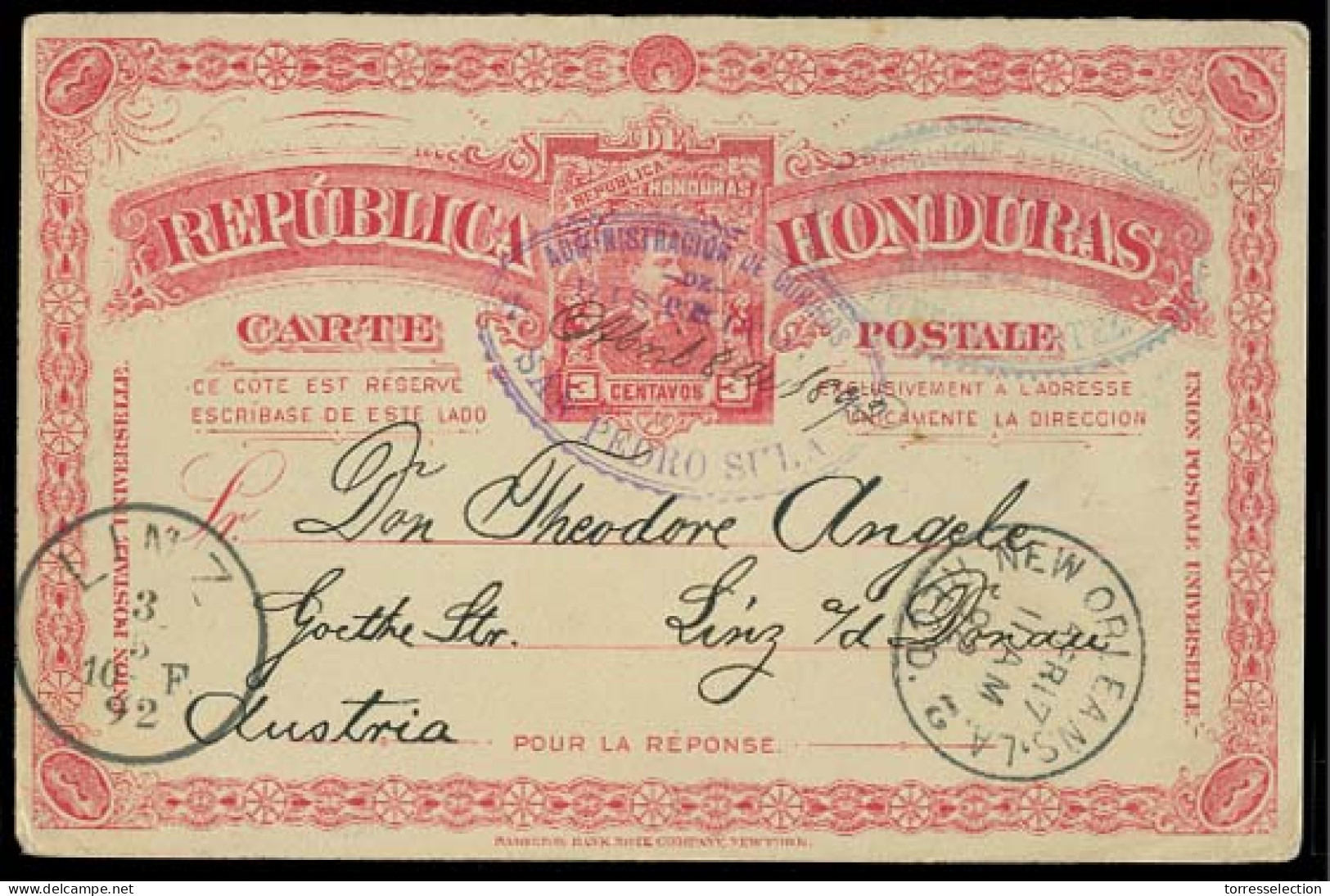 HONDURAS. 1892 (8 ApriL). San Pedro Sul - Austria. 3c Red Stat Card / Violet Cachet + Transits. VF + Scarce. - Honduras