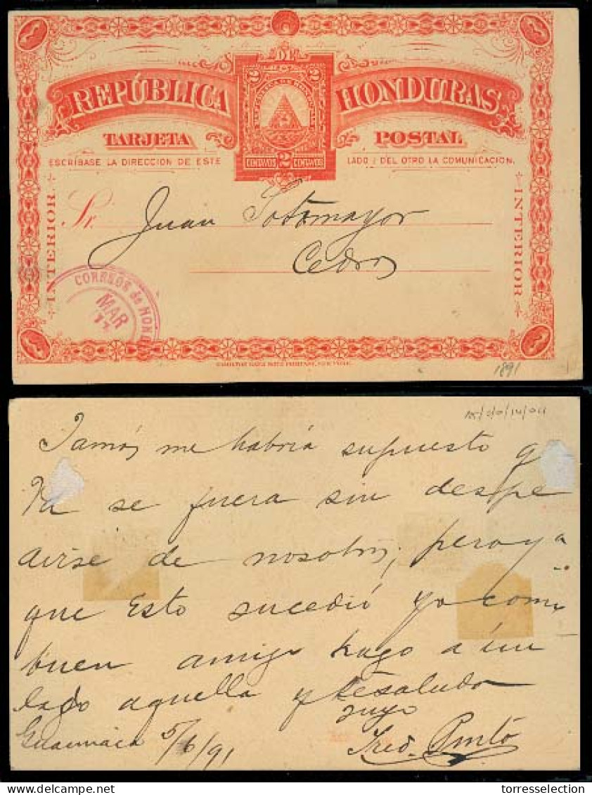 HONDURAS. 1891. Guamaica - Cedros. 2c Red Stat Card Used VF Scarce. - Honduras