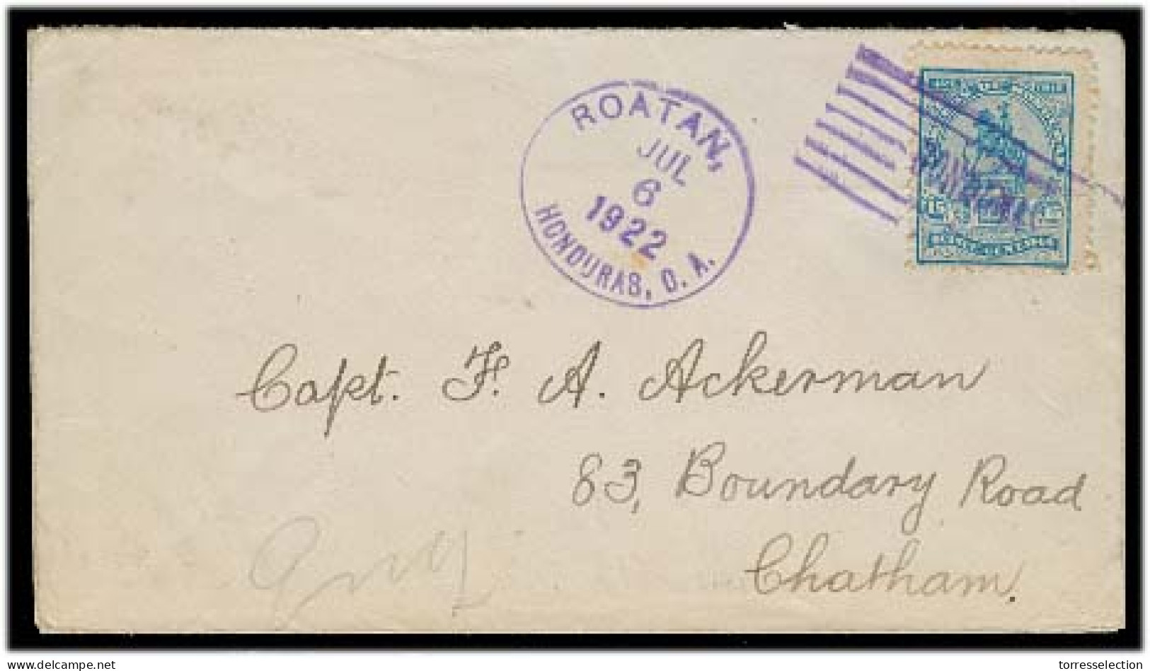 HONDURAS. 1922 (6 July). Roatan - Chathan / UK. Fkd Env. Nice Cancel Cond. - Honduras