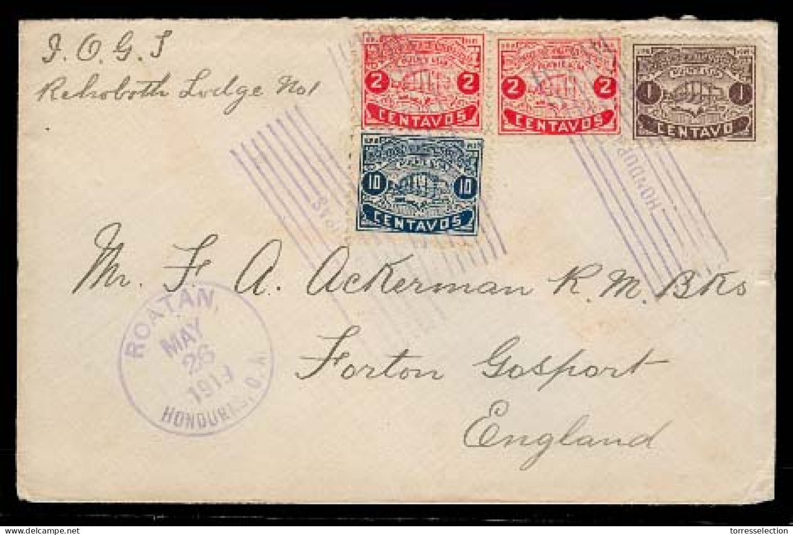 HONDURAS. 1919 (26 May). Roatan - UK. Tricolor Multifkd Env Scarce Overseas Town Cancels. - Honduras