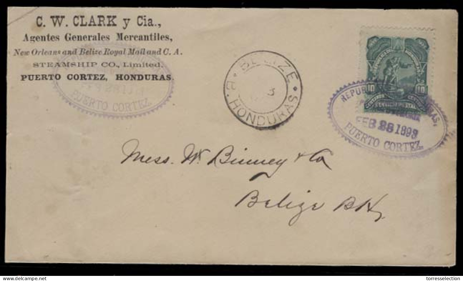 HONDURAS. 1893 (28 Feb). Puerto Cortes - British Honduras / Belize. Fkd Env + Arrival On Front. XF + Scarce Mail. - Honduras
