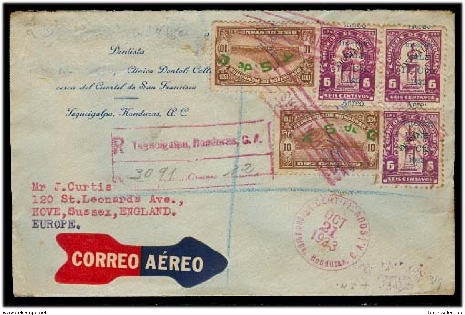 HONDURAS. 1933 (21 Oct). Tegucigalpa - UK. Reg Air Multifkd Ovptd Official Env. Arrival Cds. Internal Stamp. - Honduras