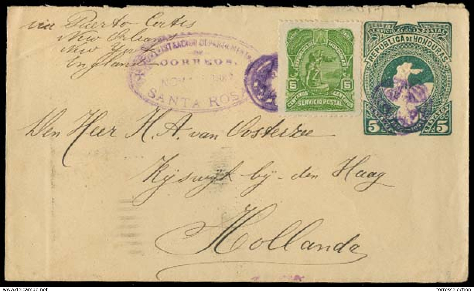 HONDURAS. 1892. Sta Rosa - Netherlands. 5c Stat Env + Adtl. Replaced. Useful Tragedy. - Honduras