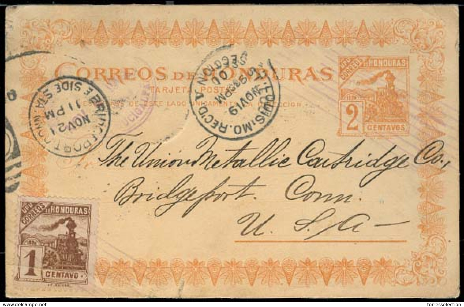 HONDURAS. 1901. Tegucigalpa - USA. 2c Stat Card / Train + Adtl. Fine Used. - Honduras