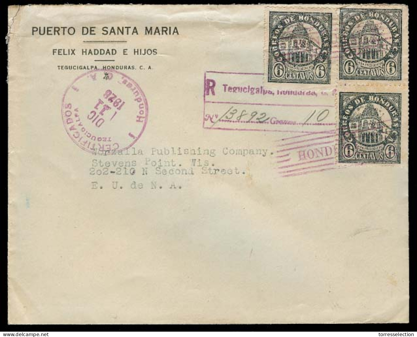 HONDURAS. 1928. Tegucigalpa - USA. Regulated Multifkd Env. VF. 6c Black (x3). - Honduras