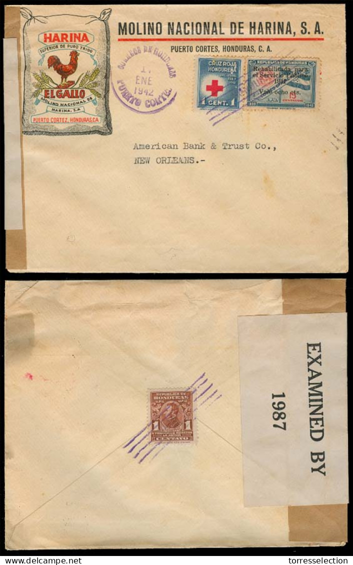 HONDURAS. 1942. Puerto Cortes - USA. Habilitado Ovptd Airfkd Env + Color Slogan Printed "El Gallo". VF + Censored. - Honduras