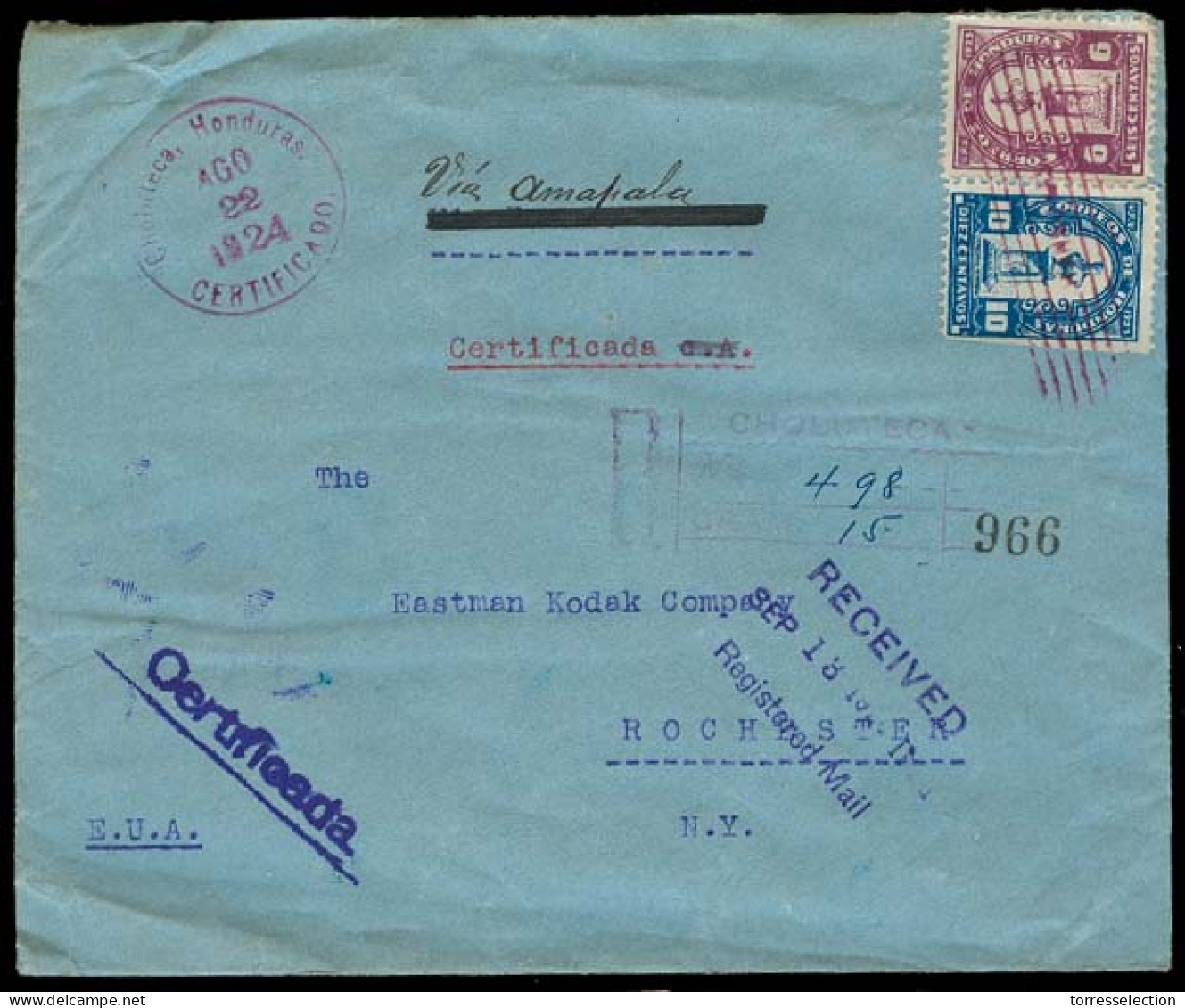HONDURAS. 1924. Choluteca - USA. Registered Fkd Env. Via Amapala. Fine. - Honduras