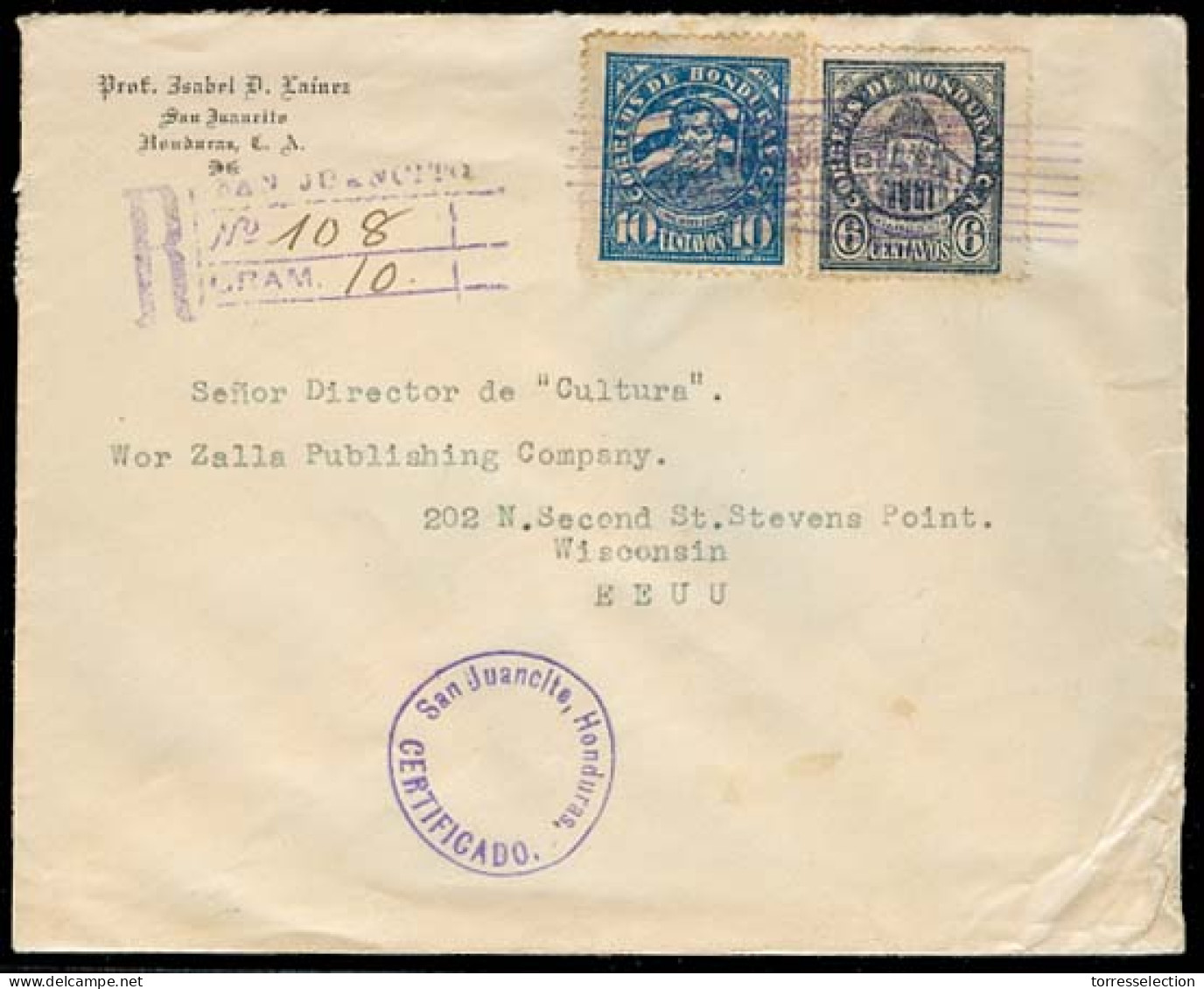 HONDURAS. 1928. San Jacinto - USA. Registered Fkd Env 6c Violet. VF Town Overseas Usage. - Honduras