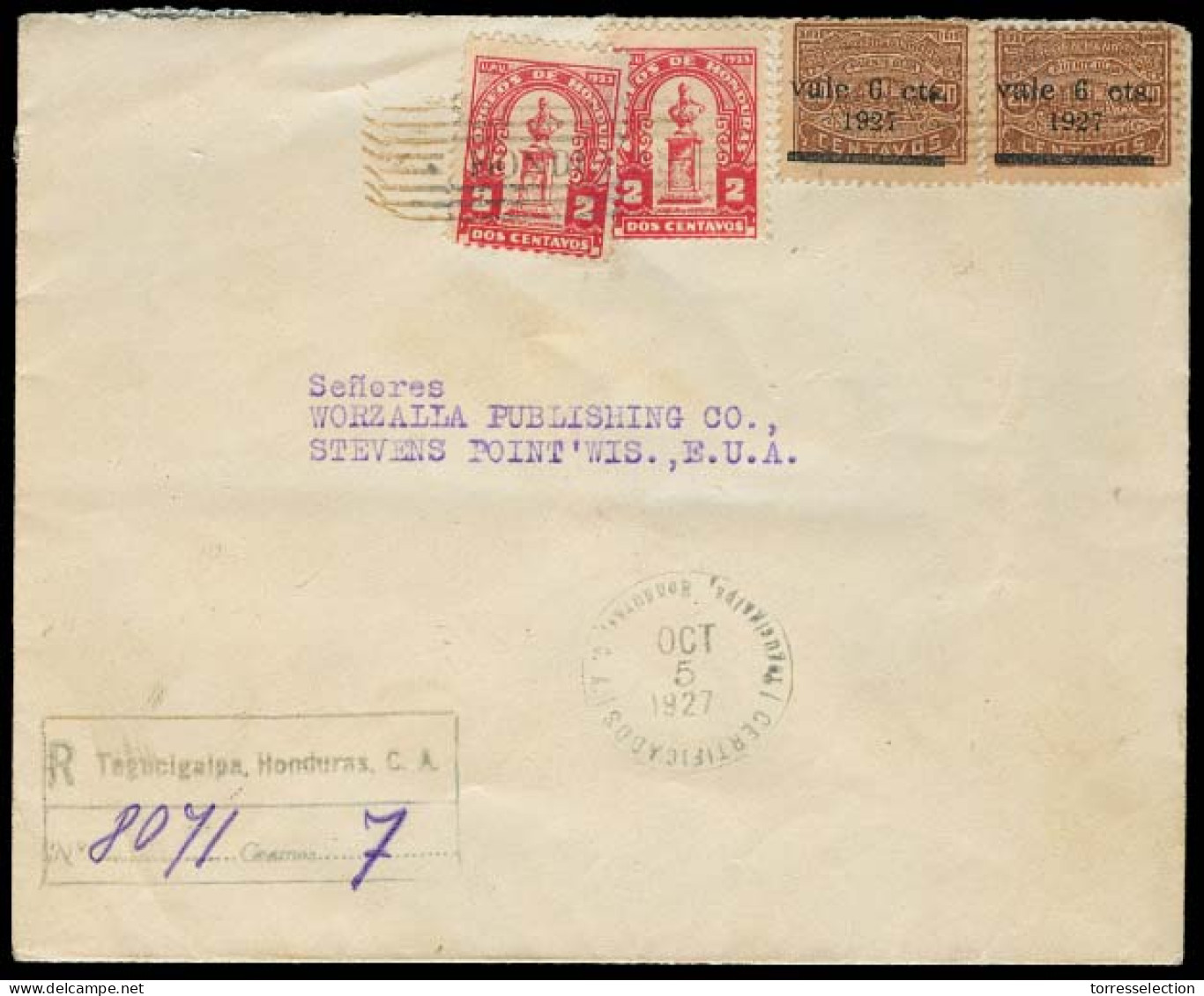 HONDURAS. 1927. Tegucigalpa - USA. Registered Multifkd Env Incl Vale 6cts / 1927 (x2). F-VF. - Honduras