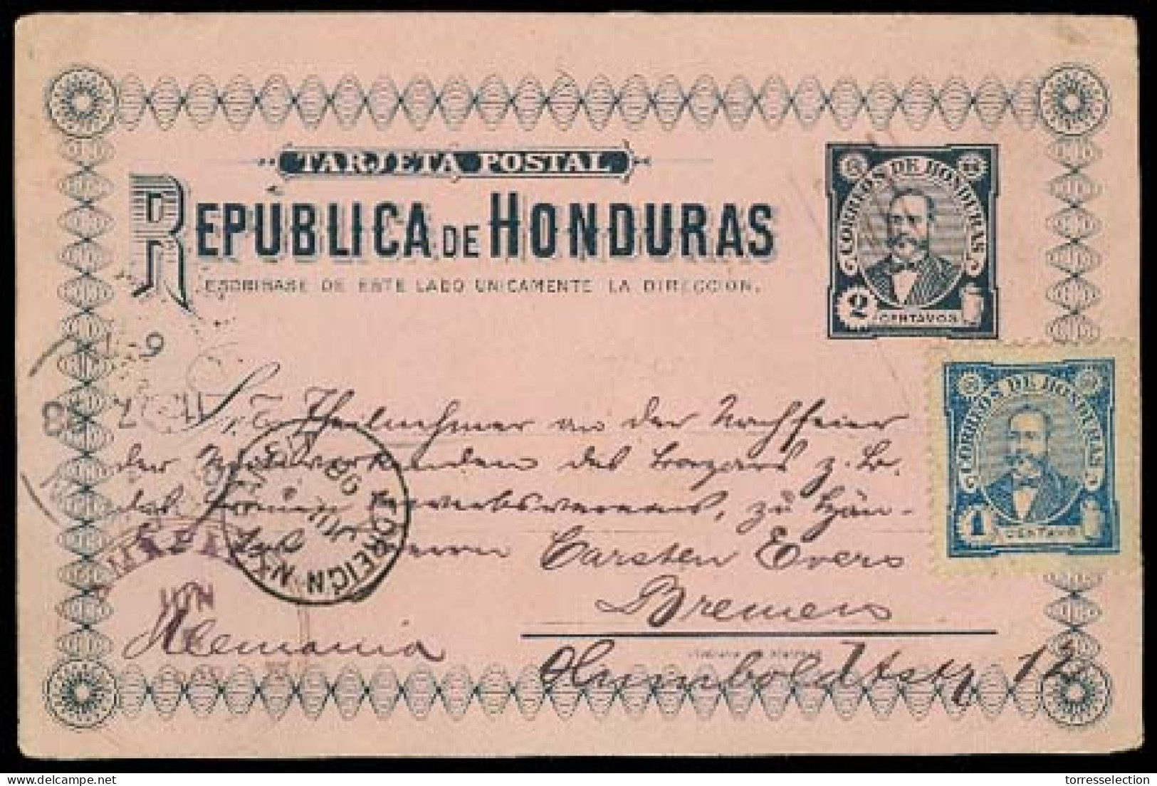 HONDURAS. 1898. Amapala - Germany. 2c Stat Card + 1c Adtl. Fine Scarce Used. Via NY. - Honduras