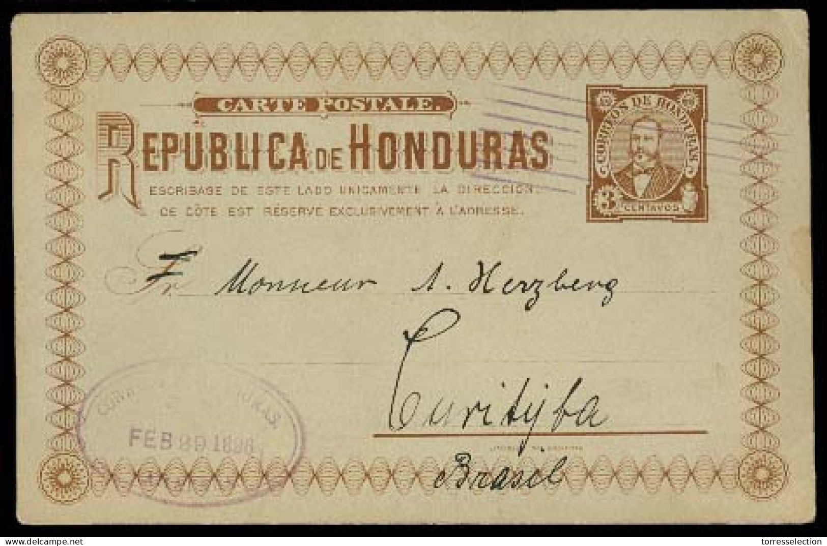 HONDURAS. 1896. Amapala - BRAZIL / Curytiba. 3c Stat Card. Fine Used + Scarce Dest. - Honduras