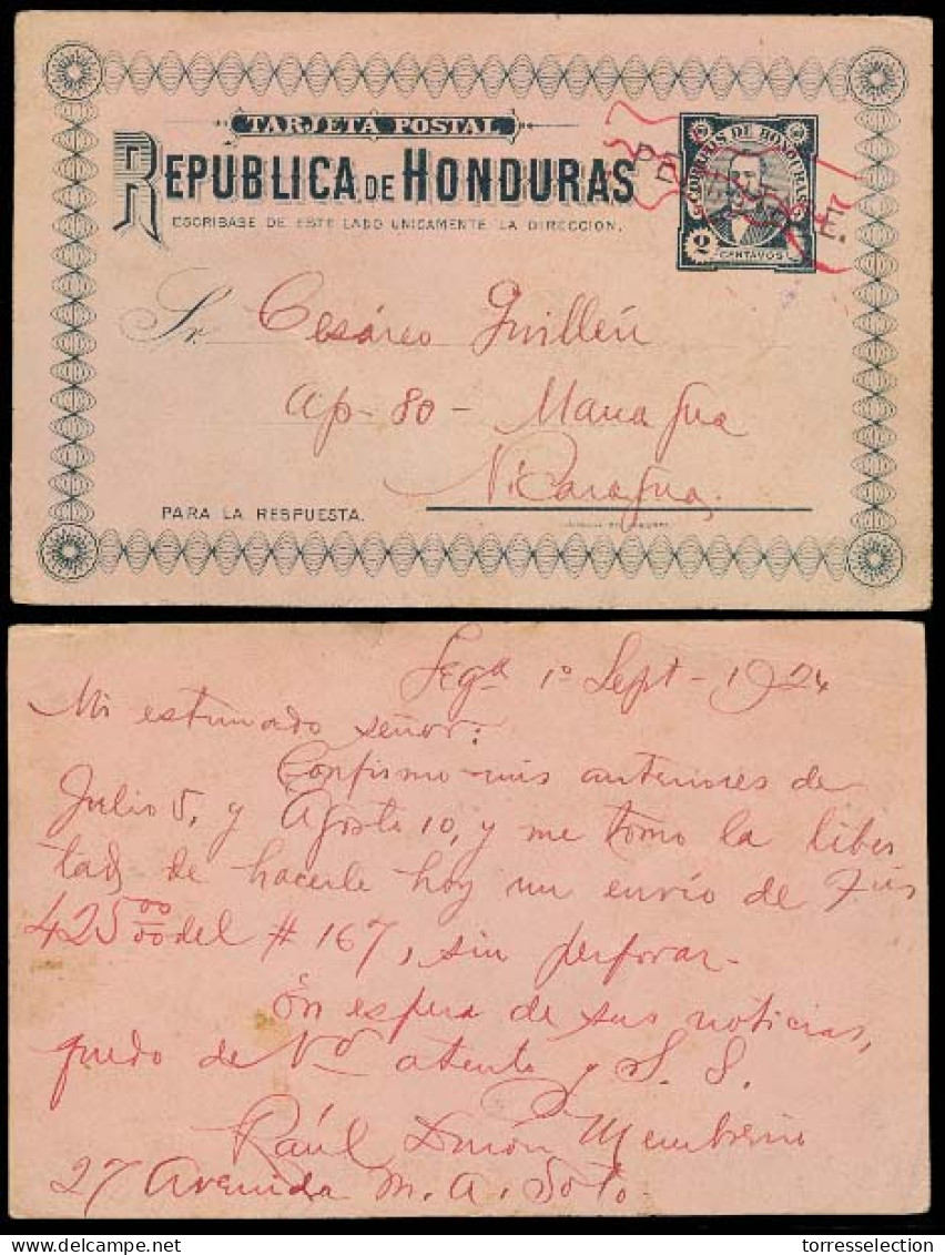 HONDURAS. 1896 Issue (used Late). Tegnacigalpa - Nicaragua. 2c Stat Card Ovptd PERMITASE. Scarce. - Honduras