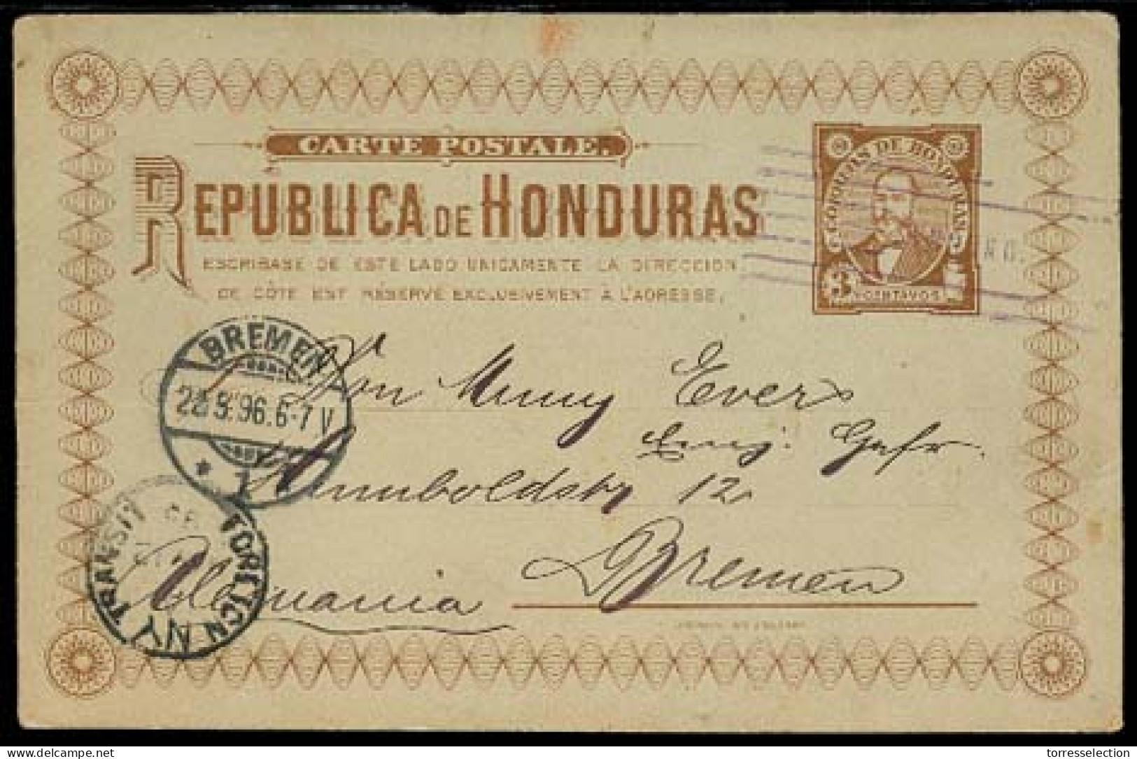 HONDURAS. 1896. Amapala - Germany. 3c Stat Card. Via NY. Fine Used. - Honduras