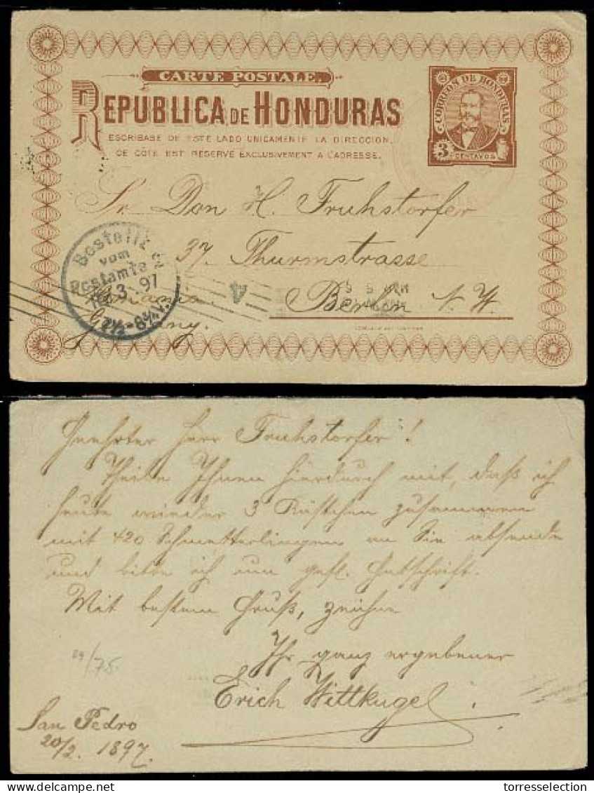 HONDURAS. 1897. San Pedro - Germany. 3c Stat Card. - Honduras