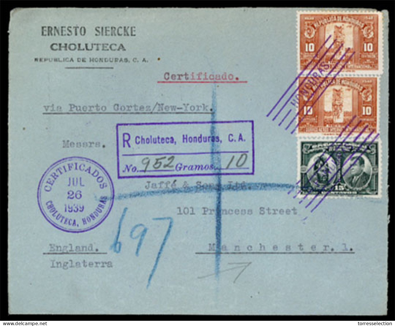 HONDURAS. 1939(July 26th). Registered Cover To Manchester Franked By 1937 15c Grey Green (Cacares) And Two Airmail 1939  - Honduras