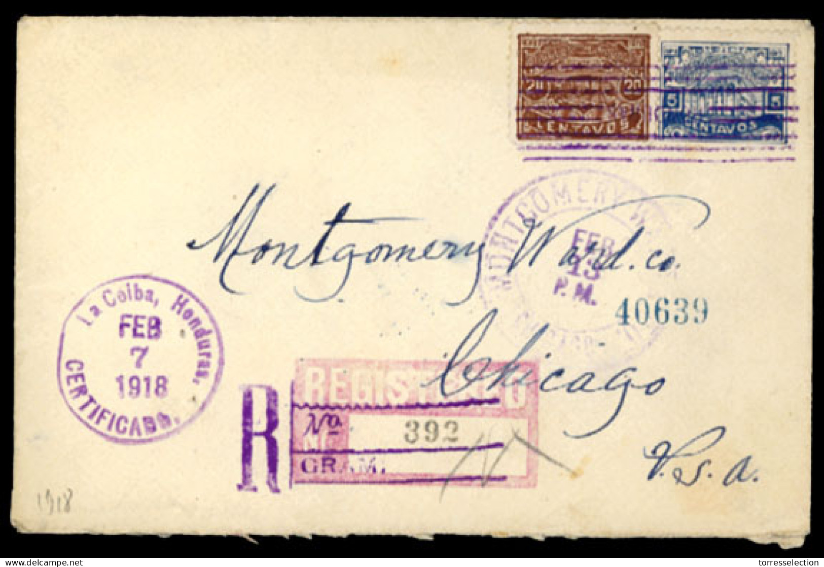 HONDURAS. 1918(Feb 7th). Cover To Chicago Franked By 1915 5c Turquoise And 20c Red Brown Tied By Violet Barred Cancel Fr - Honduras