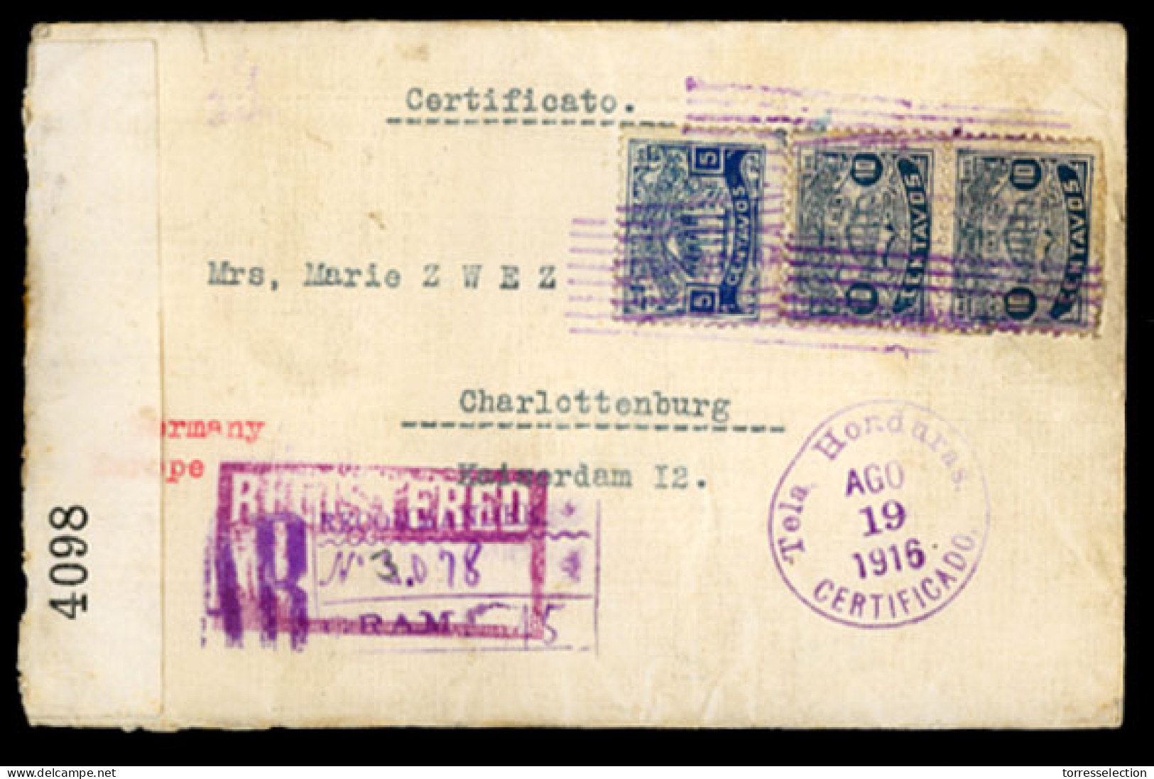 HONDURAS. 1916(aUG 19th). Registered Cover To Germany Franked By ‘Bridge’ 1915 5c Turquoise And 2x10c Deep Blue Tied In  - Honduras