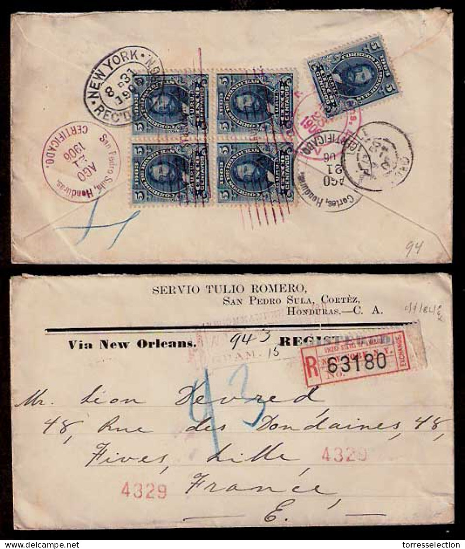 HONDURAS. 1906. San Pedro Sula / France. Registered Multifkd. Env. Via USA. Scarce. - Honduras