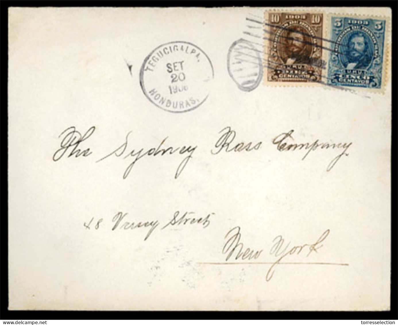 HONDURAS. 1906 (20 Sept). Cover To New York From Tegucigalpa Bearing 1903 5c Blue & 10c Brown With Despatch Duplex On Fr - Honduras