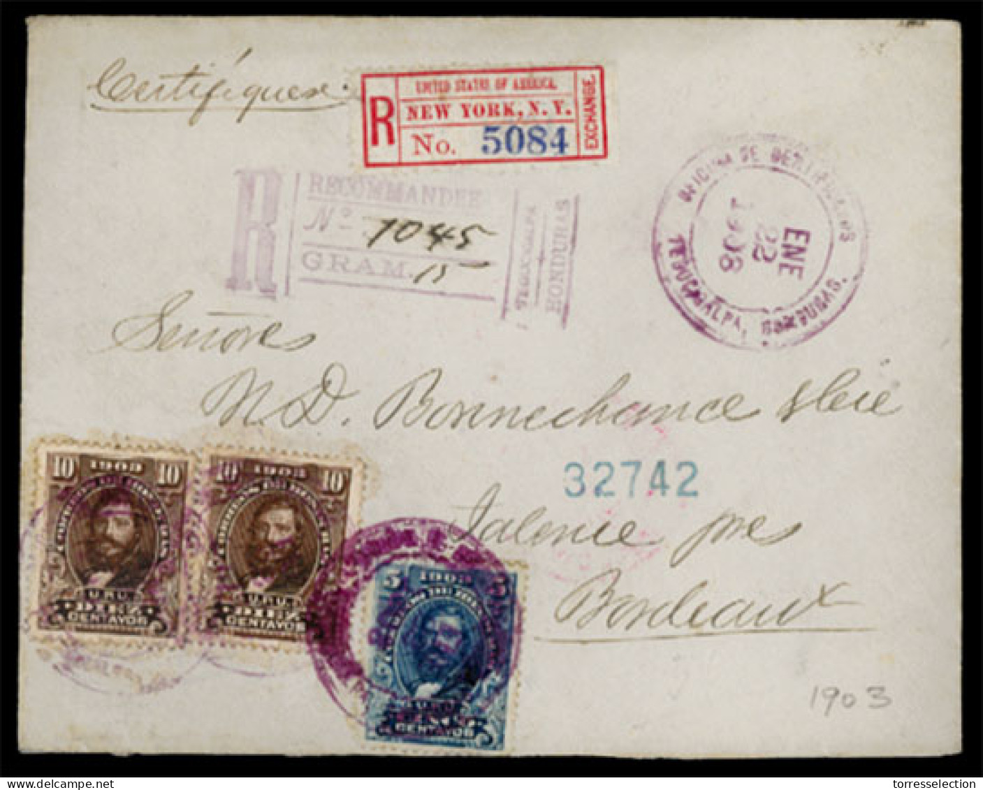 HONDURAS. 1903. Registered Cover From Tegucigalpa To Bordeaux Franked 1903 5c & 2x10c Tied In Violet, First Month Of Use - Honduras