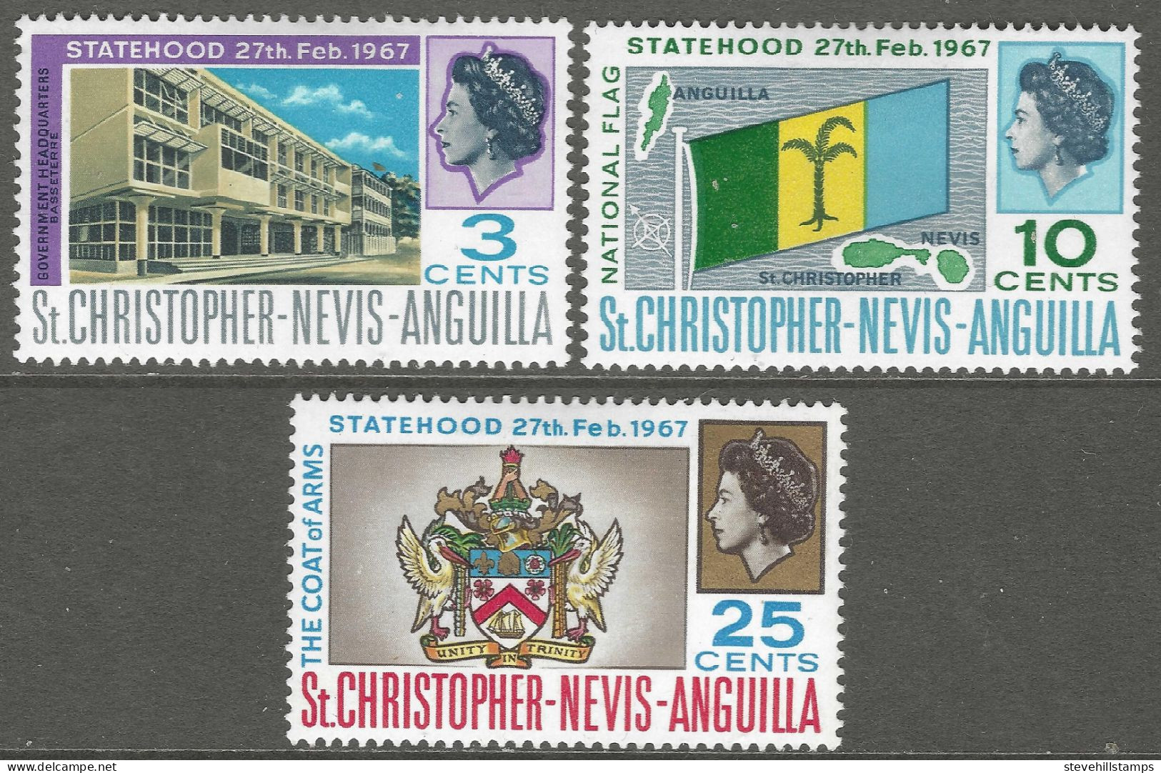 St Kitts-Nevis. 1967 Statehood. MH Complete Set. SG 182-184. M3123 - St.Cristopher-Nevis & Anguilla (...-1980)