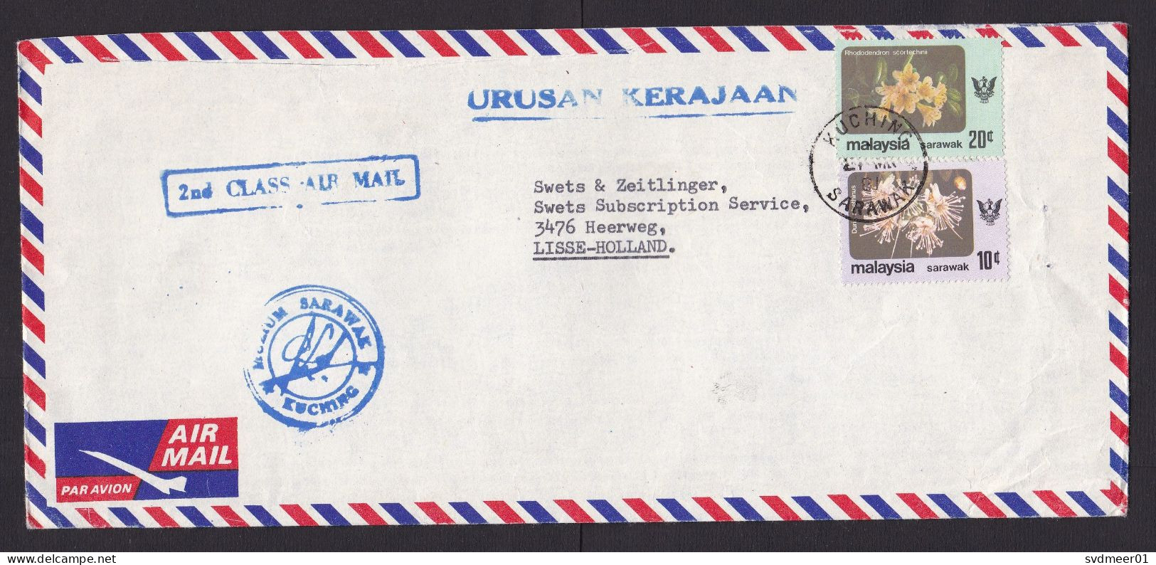 Malaysia: 2nd Class Airmail Cover To Netherlands, 2 Stamps, Flower, Flowers, Official Service (minor Damage) - Malaysia (1964-...)