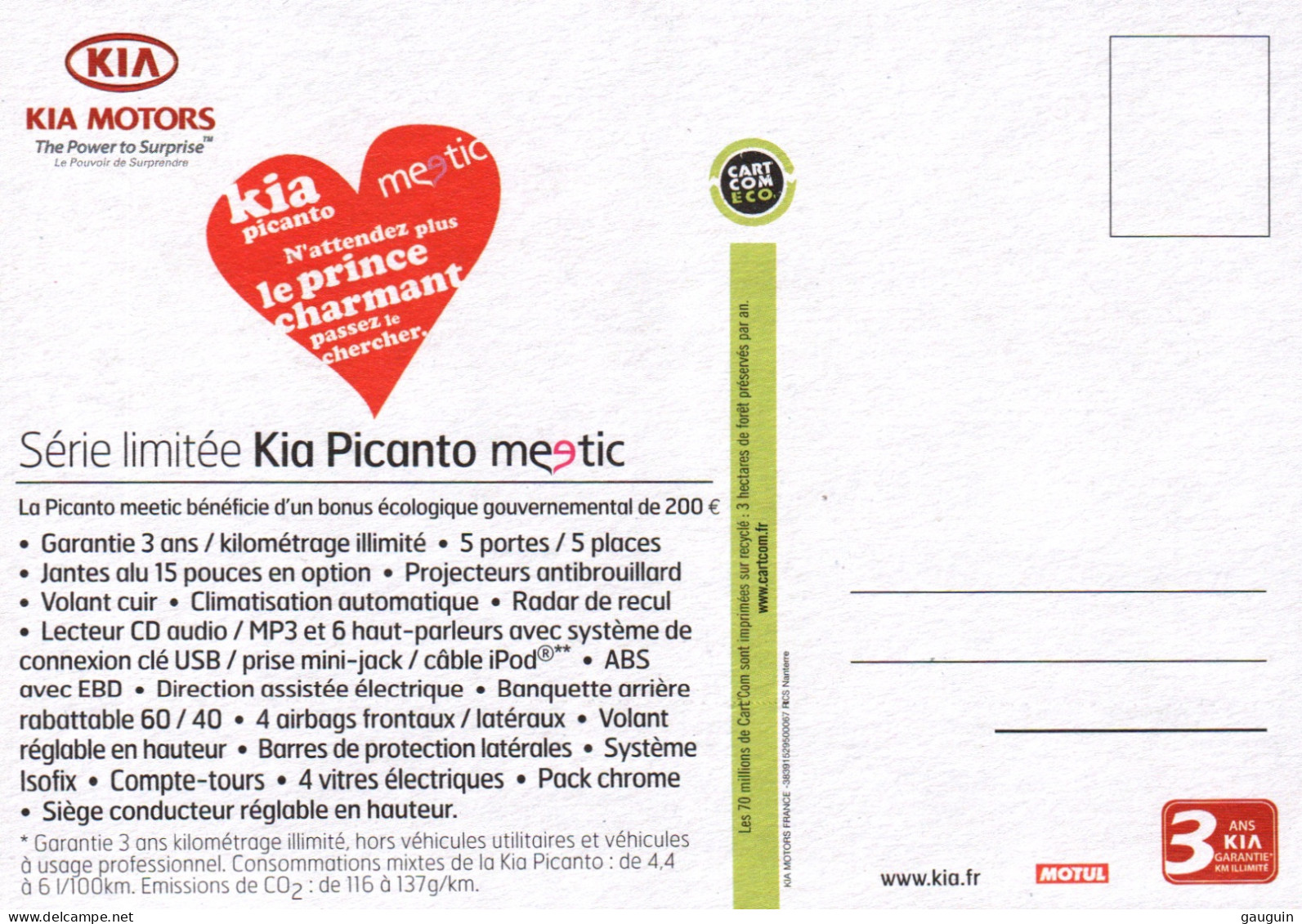 CPM - KIA MOTORS - Campagne Série Limitée "Kia Picanto Meetic" ... LOT 2 CP / Edition Car'com - PKW