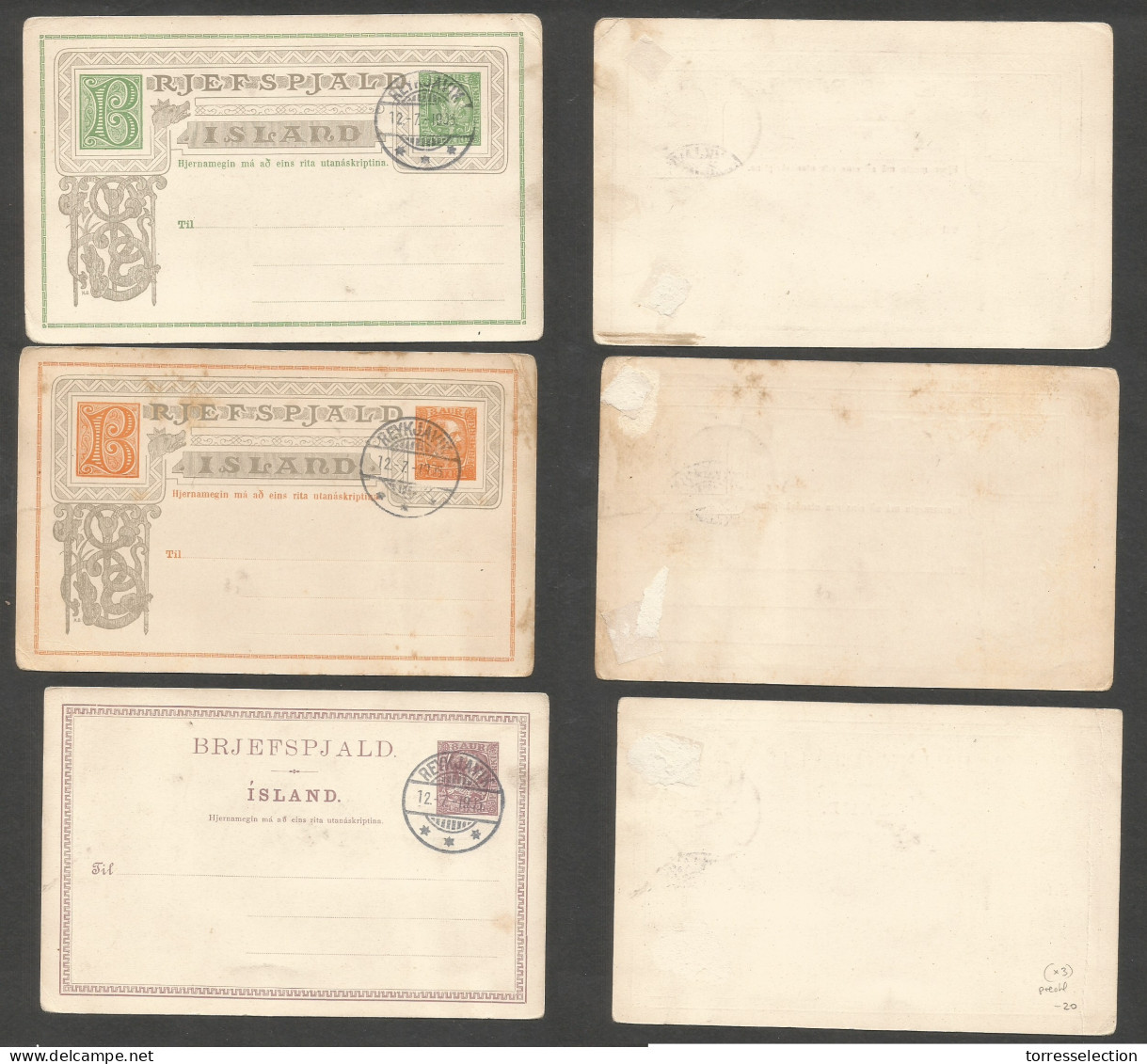 ICELAND. 1905 (12 July) 3 Diff Pre-cancelled (specimen) Stationary Cards. Scarce Trio. - Sonstige & Ohne Zuordnung