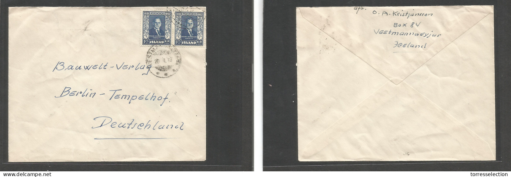 ICELAND. 1953 (20 Jan) Westmamaryjar - Germany, Berlin. Multifkd Env At 2,50 Kr Rate, Tied Cds. - Sonstige & Ohne Zuordnung