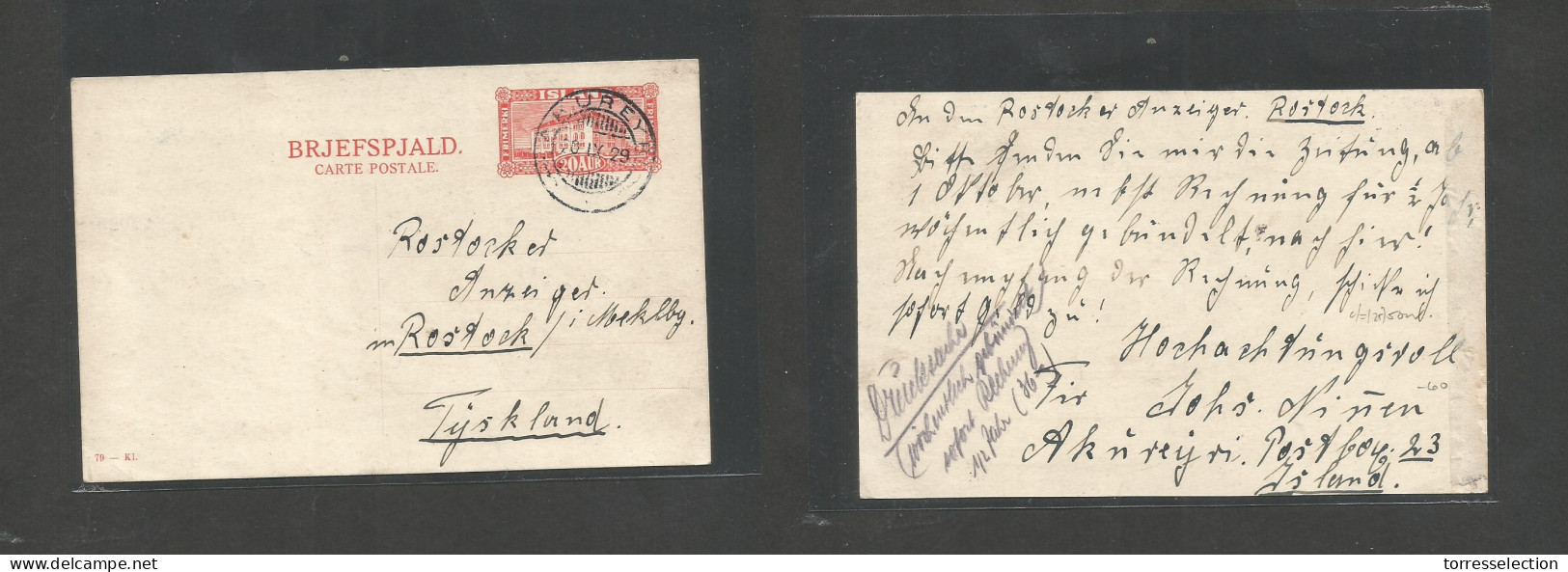 ICELAND. 1929 (20 Sept) AKUREYR - Germany, Rostock. 20 Aur Red Stat Card. Fine Used. - Sonstige & Ohne Zuordnung