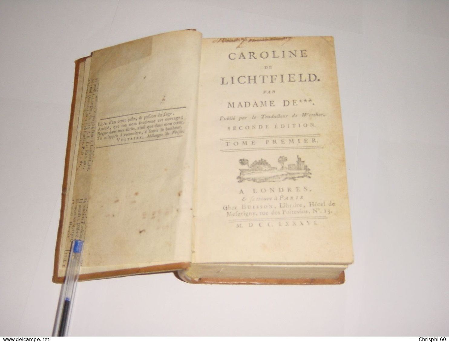 Livre Ancien Caroline De Lichtfield Par Madame De *** Publié Par Le Traducteur De Werther 1786 - - 1701-1800