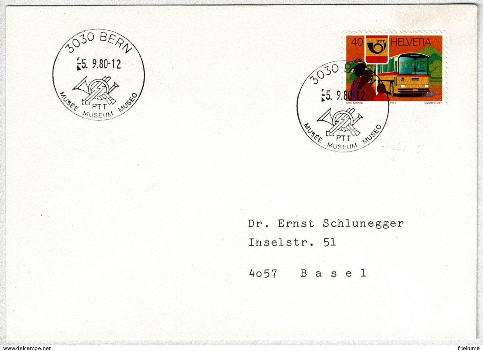 Schweiz / Helvetia 1980, Brief Museum PTT Bern - Basel, Postauto / Postbus Saurer - Bus