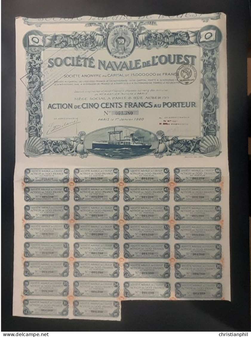 SOCIETE NAVALE DE L'OUEST. N° 001380 ACTION DE 500 FRS AU PORTEUR. - Navy